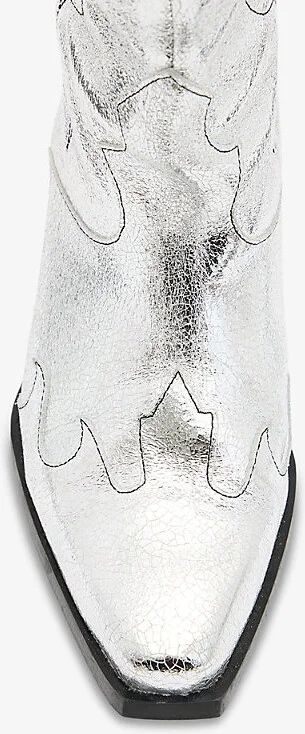 Womens Metallic Silve Dolly Stitchwork Heeled Leather Western Boots 2 - Image 2