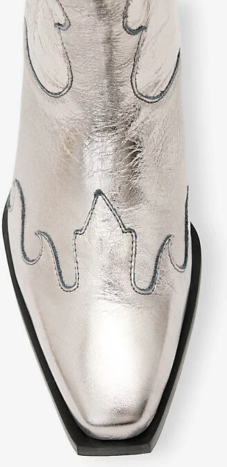 Womens Metallic Silve Dolly Stitchwork Heeled Leather Western Boots 2 - Image 3