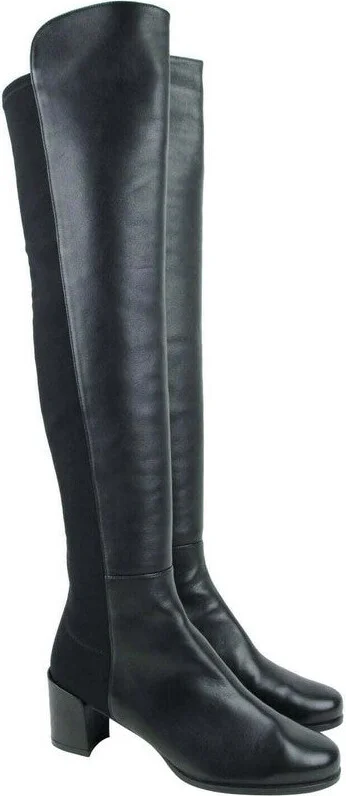 Women's Mid Black Nappa Leather With Elastic Back Heel Knee Boot - Image 2