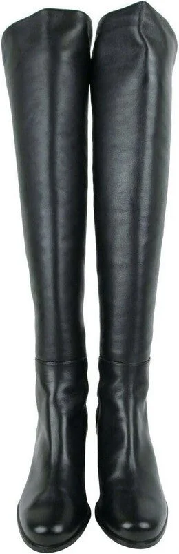 Women's Mid Black Nappa Leather With Elastic Back Heel Knee Boot - Image 4