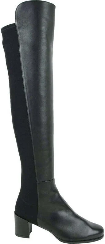 Women's Mid Black Nappa Leather With Elastic Back Heel Knee Boot - Image 6