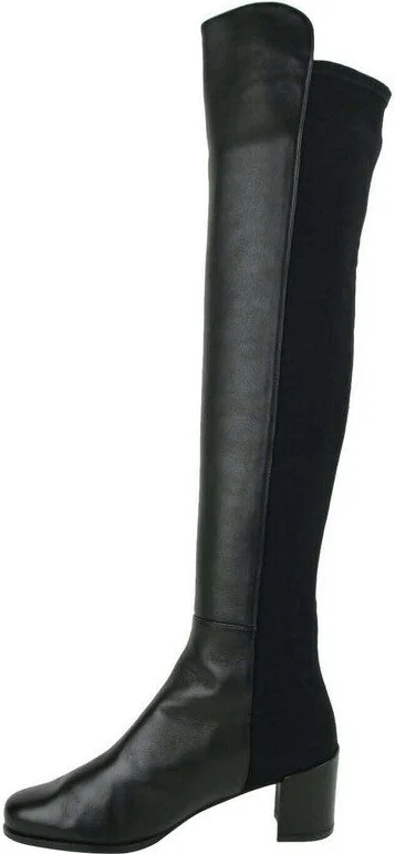 Women's Mid Black Nappa Leather With Elastic Back Heel Knee Boot - Image 7