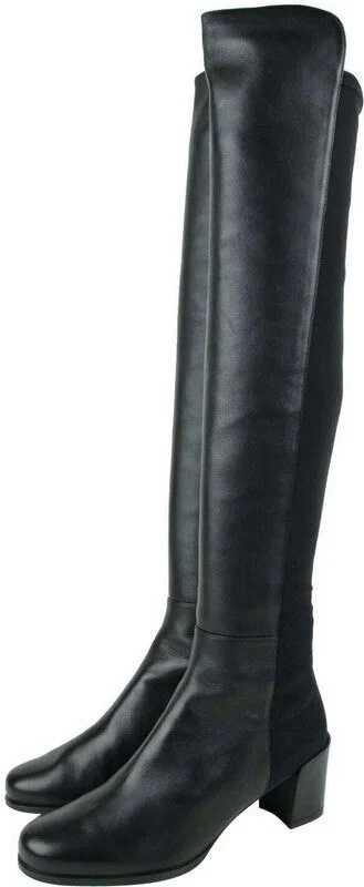 Women's Mid Black Nappa Leather With Elastic Back Heel Knee Boot - Image 11