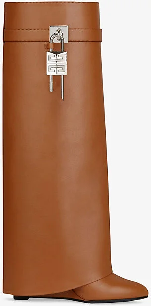 Womens Mid Brown Shark Lock Leather Heeled Boots Eur 36 / 3 Uk Women