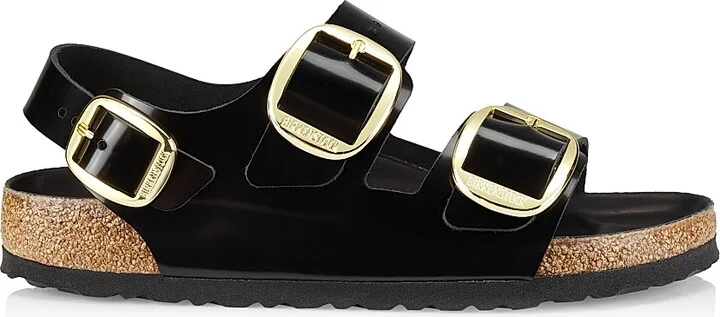 Women's Milano Big Buckle Leather Sandals - High Shine Black - Size 5