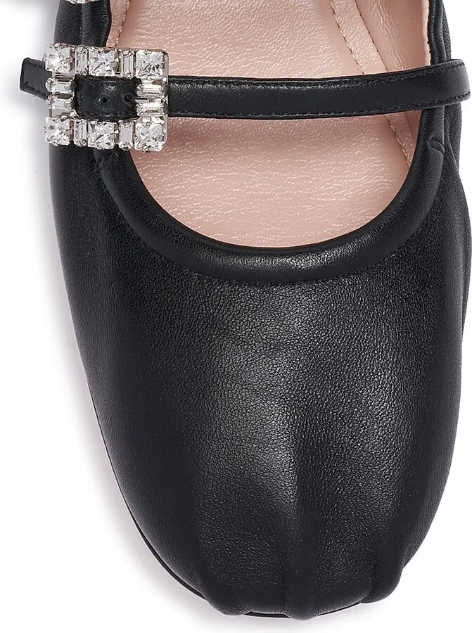 Women's Mini Strap Strass Leather Ballerina Flats - Nero - Size 6 - Image 4