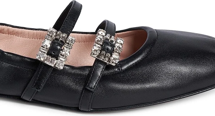 Women's Mini Strap Strass Leather Ballerina Flats - Nero - Size 6 - Image 6