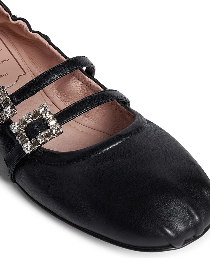 Women's Mini Strap Strass Leather Ballerina Flats - Nero - Size 6 - Image 7