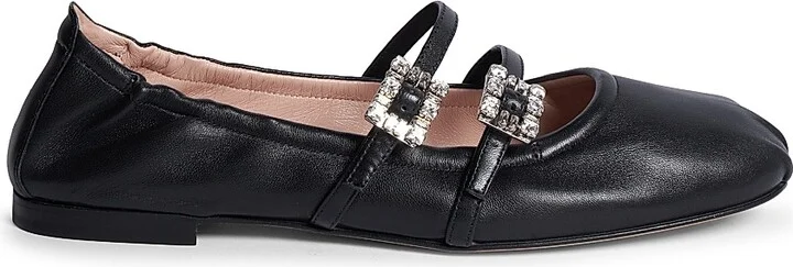 Women's Mini Strap Strass Leather Ballerina Flats - Nero - Size 6