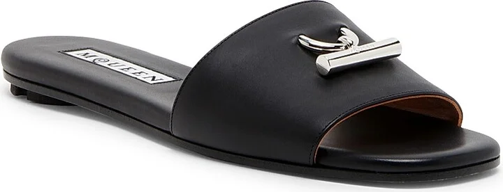 Women's Minimalist Leather Sandals - Black Silver - Size 6 - Image 2
