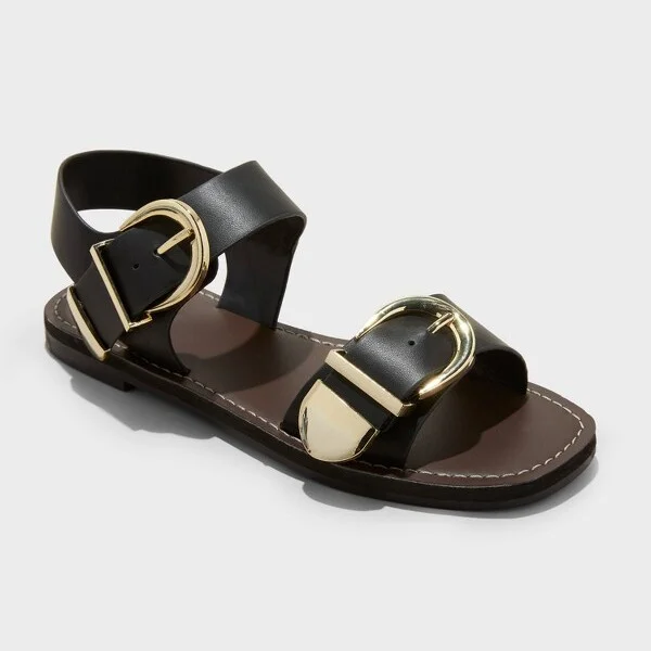 Women's Mira Double Buckle Flat Sandals - Universal Thread™ : Open Toe, Instep Strap, Textured Outsole