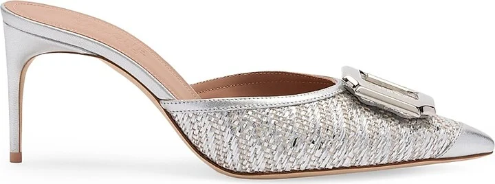 Women's Mona 70MM Metallic Raffia Mules - Silver - Size 8.5
