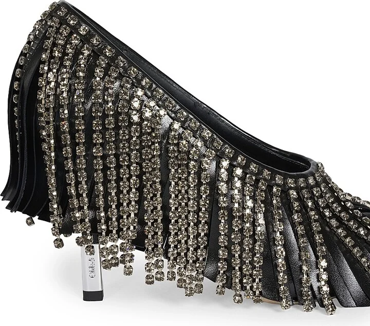 Women's Mona 95MM Crystal Fringe Leather Pumps - Black Silver - Size 9 - Image 5