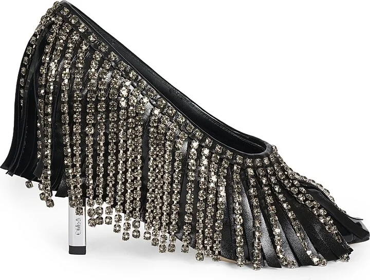 Women's Mona 95MM Crystal Fringe Leather Pumps - Black Silver - Size 9
