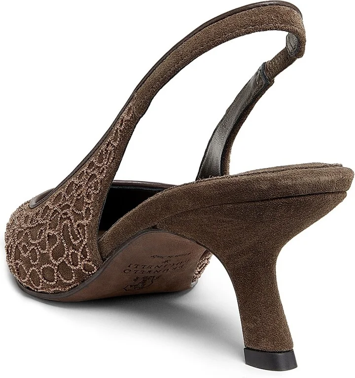 Women's Monili-Embroidered Suede Slingback Pumps - Grey Brown - Size 6.5 - Image 3