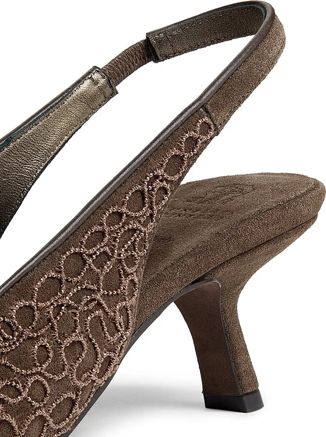 Women's Monili-Embroidered Suede Slingback Pumps - Grey Brown - Size 6.5 - Image 5
