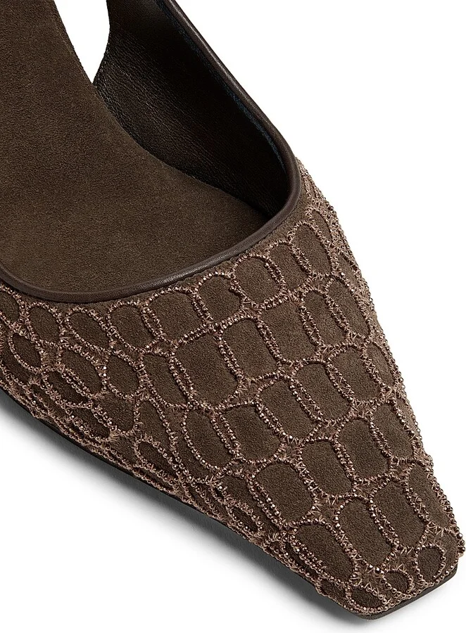 Women's Monili-Embroidered Suede Slingback Pumps - Grey Brown - Size 6.5 - Image 6