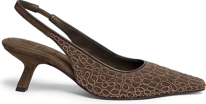 Women's Monili-Embroidered Suede Slingback Pumps - Grey Brown - Size 6.5