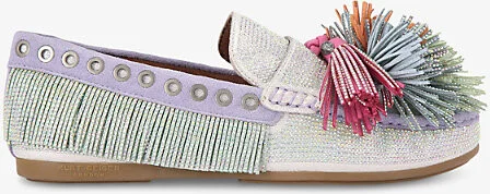 Womens Mult/Other Pom-Pom Diamante-Embellished Suede Moccasins Eur 36 / 3 Uk Women