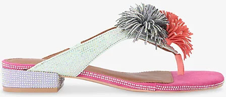 Womens Mult/Other Pom Pom T-Bar Embellished Flat Suede Sandals Eur 36 / 3 Uk Women