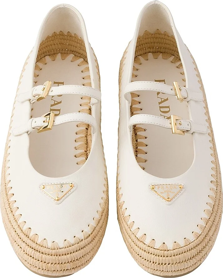 Women's Nappa Leather and Raffia Ballerinas - Beige Khaki - Size 7 - Image 2