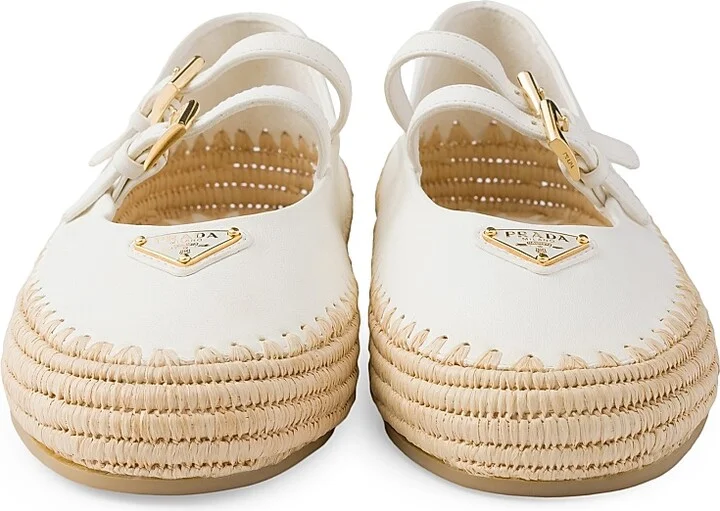 Women's Nappa Leather and Raffia Ballerinas - Beige Khaki - Size 7 - Image 4