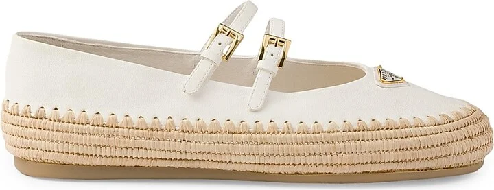 Women's Nappa Leather and Raffia Ballerinas - Beige Khaki - Size 7
