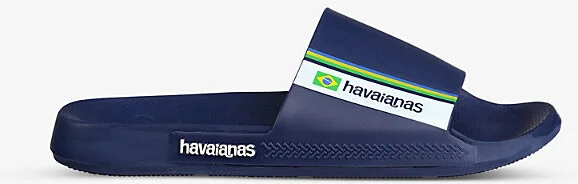 Womens Navy Blue Basil Flag-Print Rubber Sliders 1/2