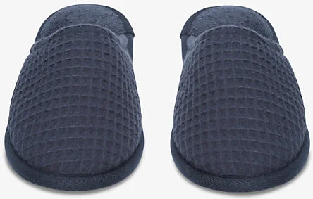 Womens Navy Waffle Towelling Cotton-Blend Slippers M - Image 2
