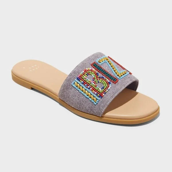 Women's Nehemia Beaded Canvas Slide Sandals - A New Day™ : Slip On, Open Toe, Block Heel, Textured Sole