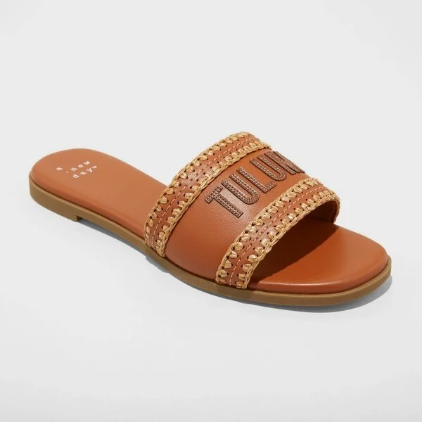 Women's Nehemia Slide Sandals - A New Day™ Cognac : Slip-On, Open Toe, Block Heel, Textured Sole, Medium Width