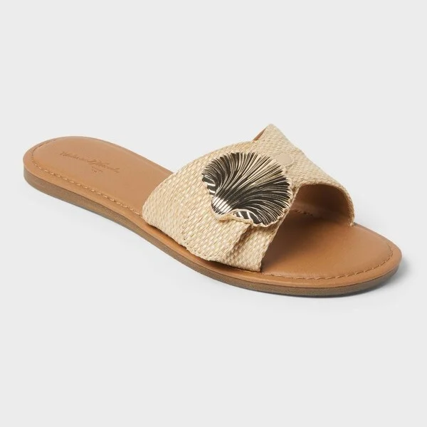 Women's Nesryn Raffia Shell Ornament Slide Sandals - Universal Thread™ Tan : Open Toe, Cushioned Insole, Textured Outsole