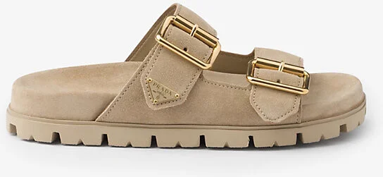 Womens Neutral Brand-Plaque Buckled Suede Sliders Eur 40.5 / 7.5 Uk Women