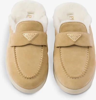 Womens Neutral Brand-Plaque Suede and Shearling Mules Eur 41.5 / 8.5 Uk Women - Image 2