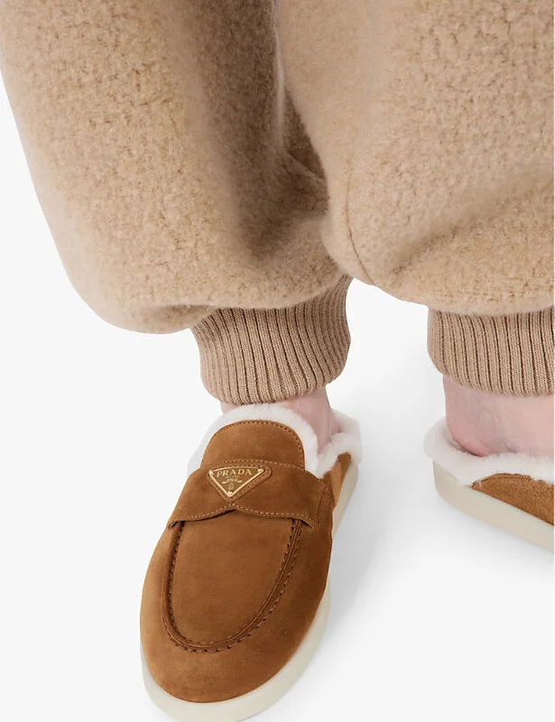 Womens Neutral Brand-Plaque Suede and Shearling Mules Eur 41.5 / 8.5 Uk Women - Image 3