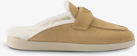 Womens Neutral Brand-Plaque Suede and Shearling Mules Eur 41.5 / 8.5 Uk Women