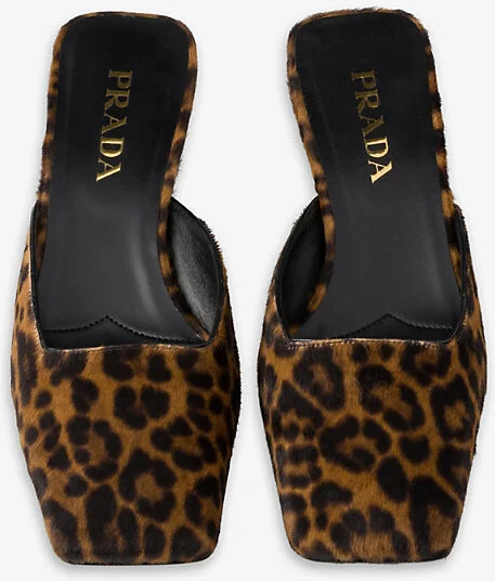 Womens Neutral Leopard-Print Square-Toe Leather Heeled Mules Eur 37.5 / 4.5 Uk Women - Image 2