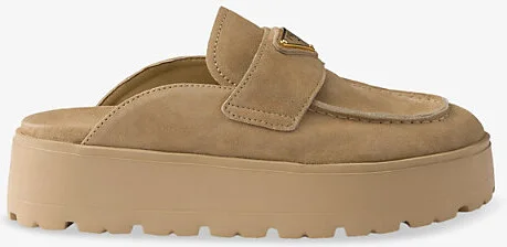 Womens Neutral Triangle-Logo Suede Flatform Mules Eur 39.5 / 6.5 Uk Women
