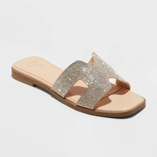 Women's Nina Rhinestone Flat Sandals - A New Day™ Silver : Open Toe, Slip On, Textured Outsole