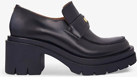 Womens Noir / Gris Clover-Embellished Slip-On Heeled Leather Loafers Eur 39 / 6 Uk Women