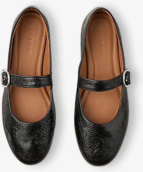 Womens Noir / Gris Crinkled-Texture Leather Mary Jane Flats Eur 35 / 2 Uk Women - Image 2