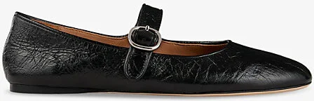 Womens Noir / Gris Crinkled-Texture Leather Mary Jane Flats Eur 35 / 2 Uk Women