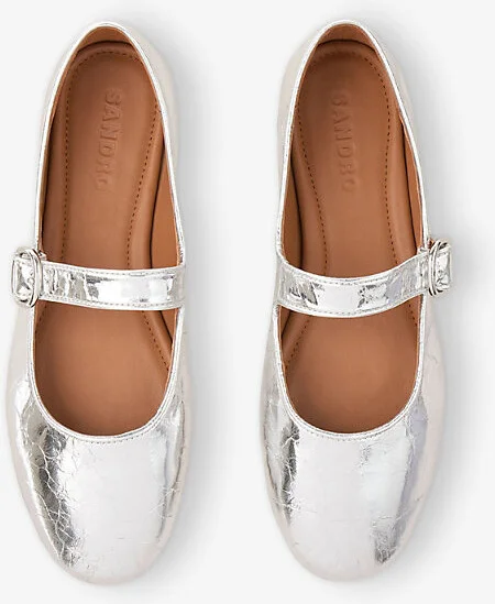 Womens Noir / Gris Crinkled-Texture Metallic-Leather Mary Jane Flats Eur 36 / 3 Uk Women - Image 2