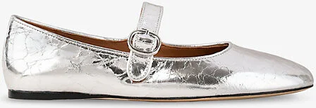 Womens Noir / Gris Crinkled-Texture Metallic-Leather Mary Jane Flats Eur 36 / 3 Uk Women