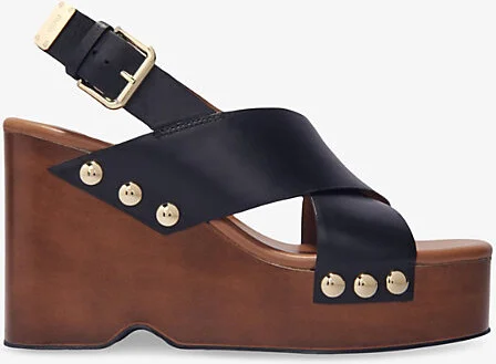 Womens Noir / Gris Cross-Strap Stud-Embellished Leather Platform Heeled Sandals Eur 37 / 4 Uk Women