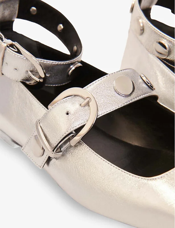 Womens Noir / Gris Double-Strap Square-Toe Leather Ballet Flats Eur 36 / 3 Uk Women - Image 2