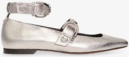Womens Noir / Gris Double-Strap Square-Toe Leather Ballet Flats Eur 36 / 3 Uk Women