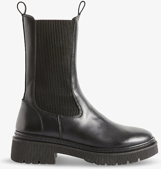 Womens Noir / Gris Elasticated-Side Mid-Height Leather Chelsea Boots Eur 36 / 3 Uk Women