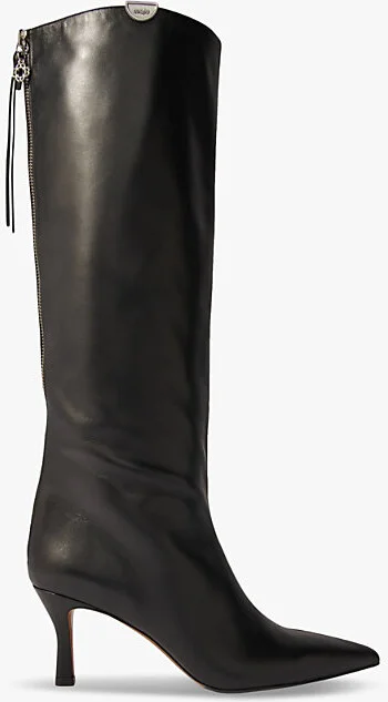 Womens Noir / Gris Logo-Charm Heeled Leather Knee-High Boots Eur 41 / 8 Uk Women
