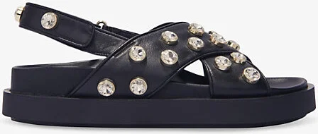 Womens Noir / Gris Studded Flat Leather Sandals Eur 38/5 Uk Women